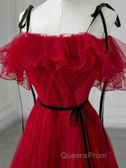 A-Line Off Shoulder Tulle Burgundy Long Evening Prom Dress, Burgundy Long Formal Dress