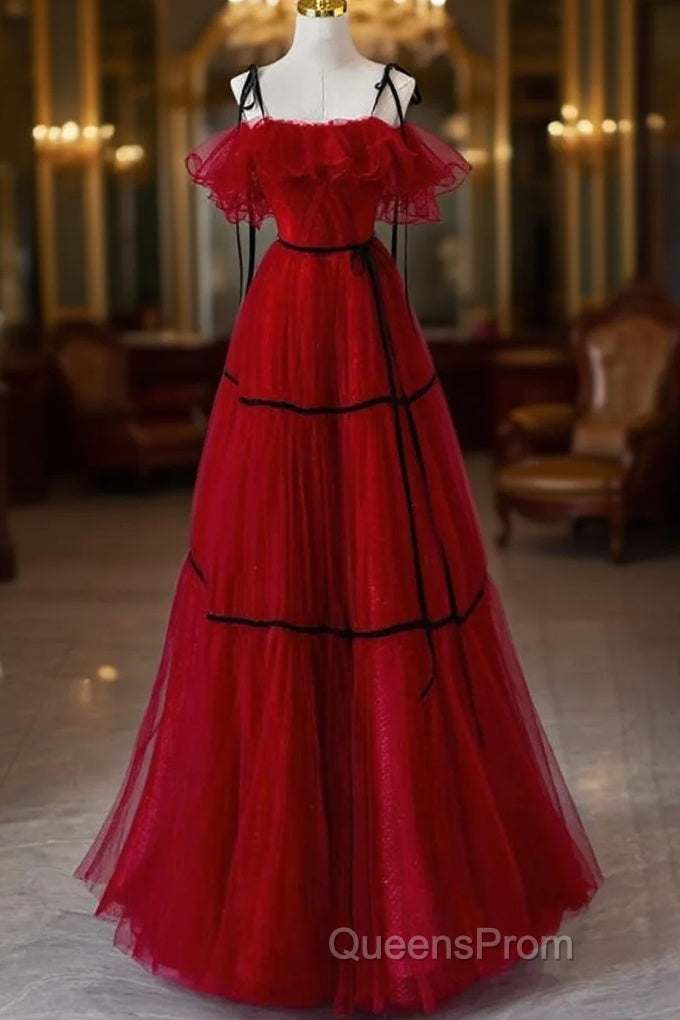 A-Line Off Shoulder Tulle Burgundy Long Evening Prom Dress, Burgundy Long Formal Dress Main image