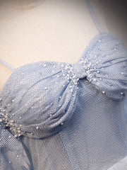 A-Line Off Shoulder Tulle Gray Blue Long Prom Dress, Gray Blue Long Formal Dress