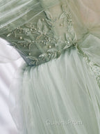 A-Line Off Shoulder Tulle Green Long Evening Prom Dress, Green Evening Dress with Beading