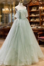 A-Line Off Shoulder Tulle Green Long Evening Prom Dress, Green Evening Dress with Beading
