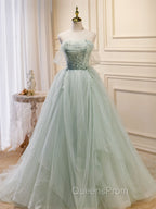 A-Line Off Shoulder Tulle Green Long Evening Prom Dress, Green Evening Dress with Beading