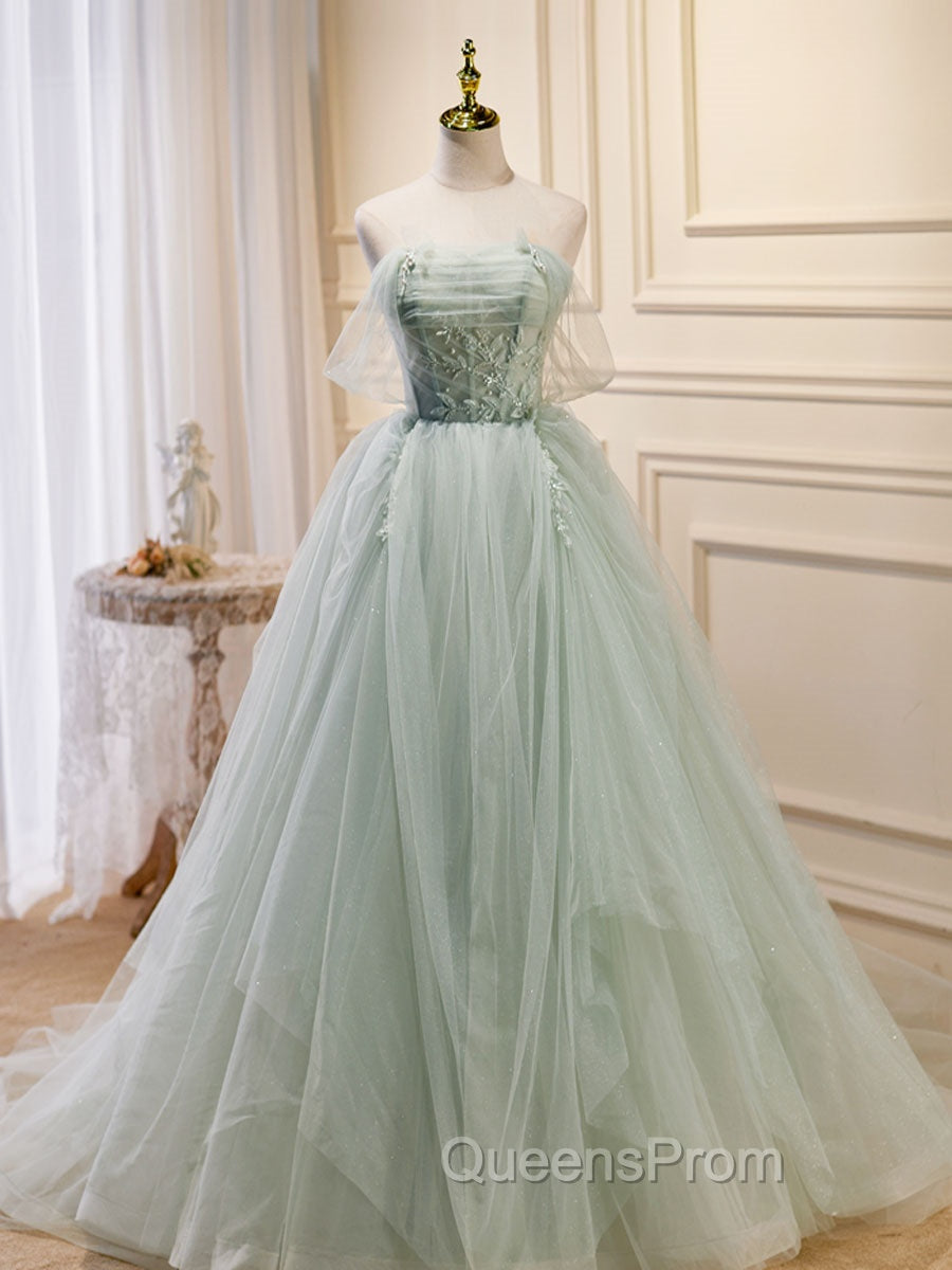 A-Line Off Shoulder Tulle Green Long Evening Prom Dress, Green Evening Dress with Beading