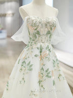 A-Line Off Shoulder Tulle Lace Applique White Long Evening Prom Dress, White Long Evening Dress