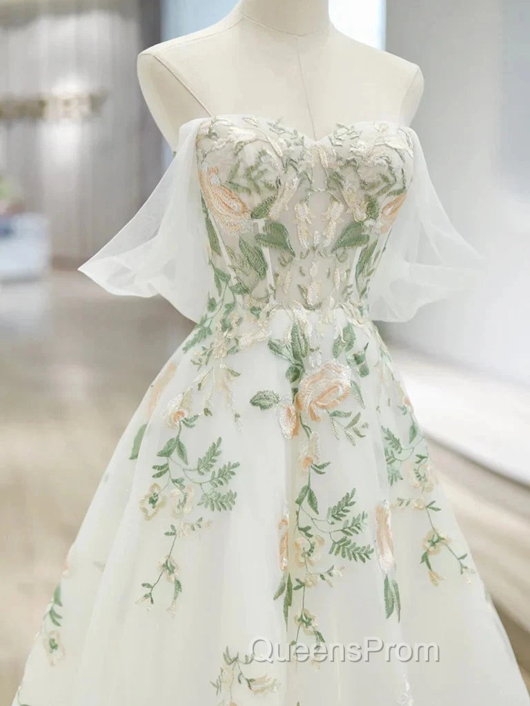 A-Line Off Shoulder Tulle Lace Applique White Long Evening Prom Dress, White Long Evening Dress