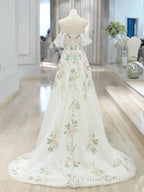 A-Line Off Shoulder Tulle Lace Applique White Long Evening Prom Dress, White Long Evening Dress