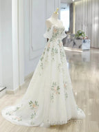A-Line Off Shoulder Tulle Lace Applique White Long Evening Prom Dress, White Long Evening Dress