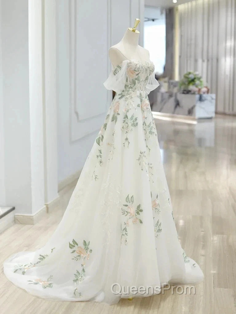 A-Line Off Shoulder Tulle Lace Applique White Long Evening Prom Dress, White Long Evening Dress
