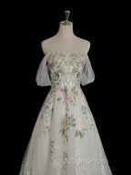 A-Line Off Shoulder Tulle Lace Applique White Long Evening Prom Dress, White Long Evening Dress