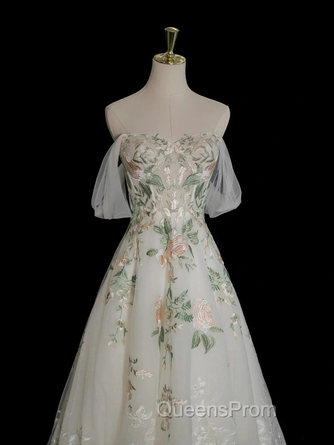 A-Line Off Shoulder Tulle Lace Applique White Long Evening Prom Dress, White Long Evening Dress