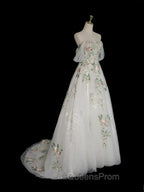 A-Line Off Shoulder Tulle Lace Applique White Long Evening Prom Dress, White Long Evening Dress