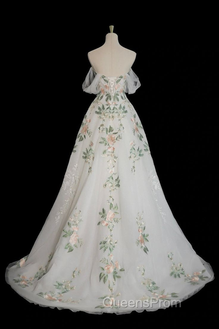A-Line Off Shoulder Tulle Lace Applique White Long Evening Prom Dress, White Long Evening Dress