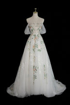 A-Line Off Shoulder Tulle Lace Applique White Long Prom Dress, White Long Formal Dress