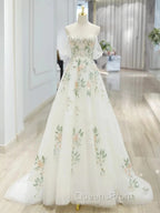 A-Line Off Shoulder Tulle Lace Applique White Long Evening Prom Dress, White Long Evening Dress