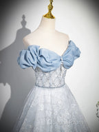 A-Line Off Shoulder Tulle Lace Beads Blue Long Evening Prom Dress, Blue Long Formal Dress