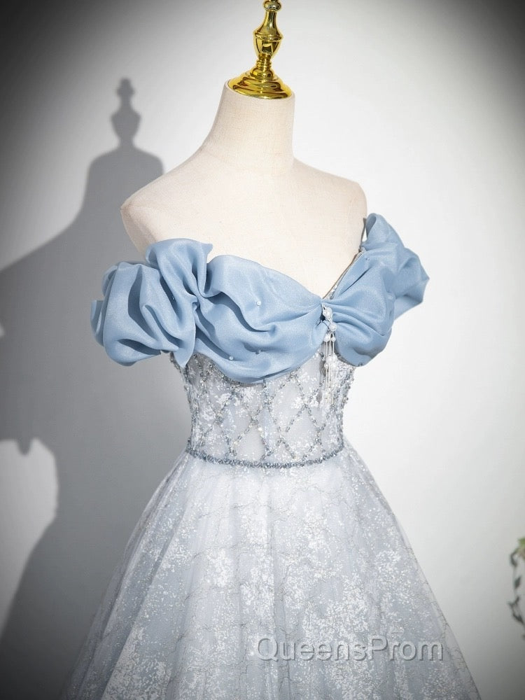 A-Line Off Shoulder Tulle Lace Beads Blue Long Evening Prom Dress, Blue Long Formal Dress