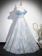 A-Line Off Shoulder Tulle Lace Beads Blue Long Evening Prom Dress, Blue Long Formal Dress