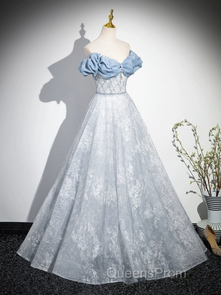 A-Line Off Shoulder Tulle Lace Beads Blue Long Evening Prom Dress, Blue Long Formal Dress