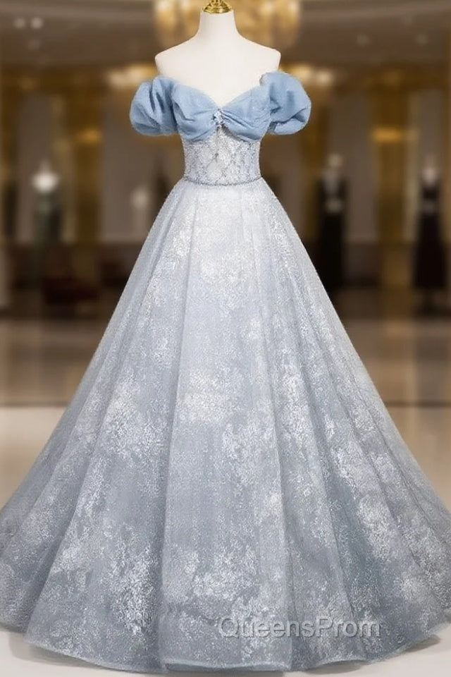 A-Line Off Shoulder Tulle Lace Beads Blue Long Evening Prom Dress, Blue Long Formal Dress Main image