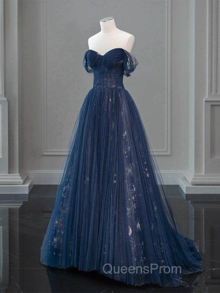 A-Line Off Shoulder Tulle Lace Dark Blue Long Evening Prom Dress