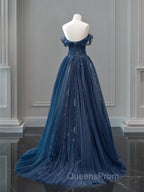 A-Line Off Shoulder Tulle Lace Dark Blue Long Evening Prom Dress