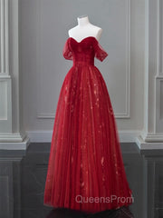 A-Line Off Shoulder Tulle Lace Dark Red Long Evening Prom Dress