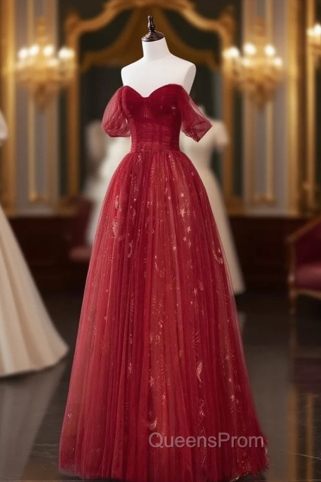 A-Line Off Shoulder Tulle Lace Dark Red Long Evening Prom Dress Main image