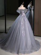 A-Line Off Shoulder Tulle Lace Gray Blue Long Evening Prom Dress, Gray Blue Long Evening Dress