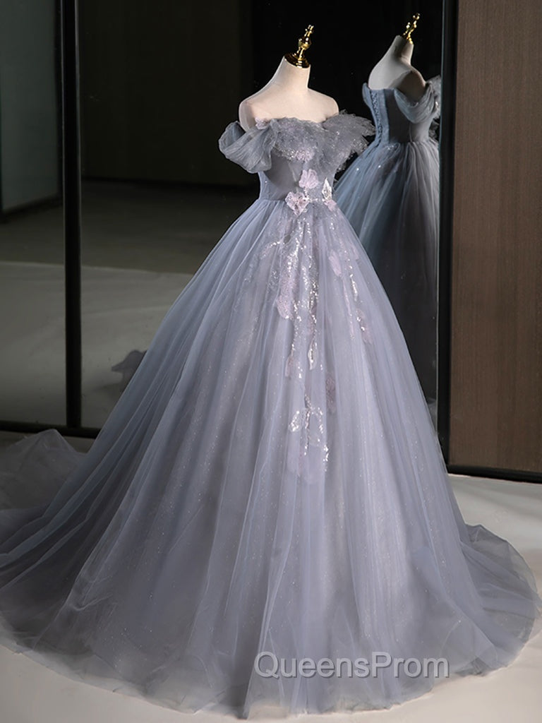 A-Line Off Shoulder Tulle Lace Gray Blue Long Evening Prom Dress, Gray Blue Long Evening Dress