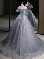 A-Line Off Shoulder Tulle Lace Gray Blue Long Evening Prom Dress, Gray Blue Long Evening Dress