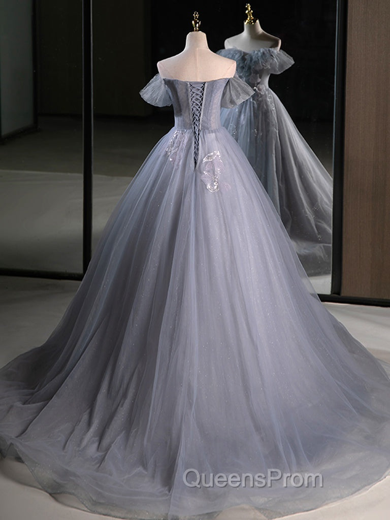 A-Line Off Shoulder Tulle Lace Gray Blue Long Evening Prom Dress, Gray Blue Long Evening Dress