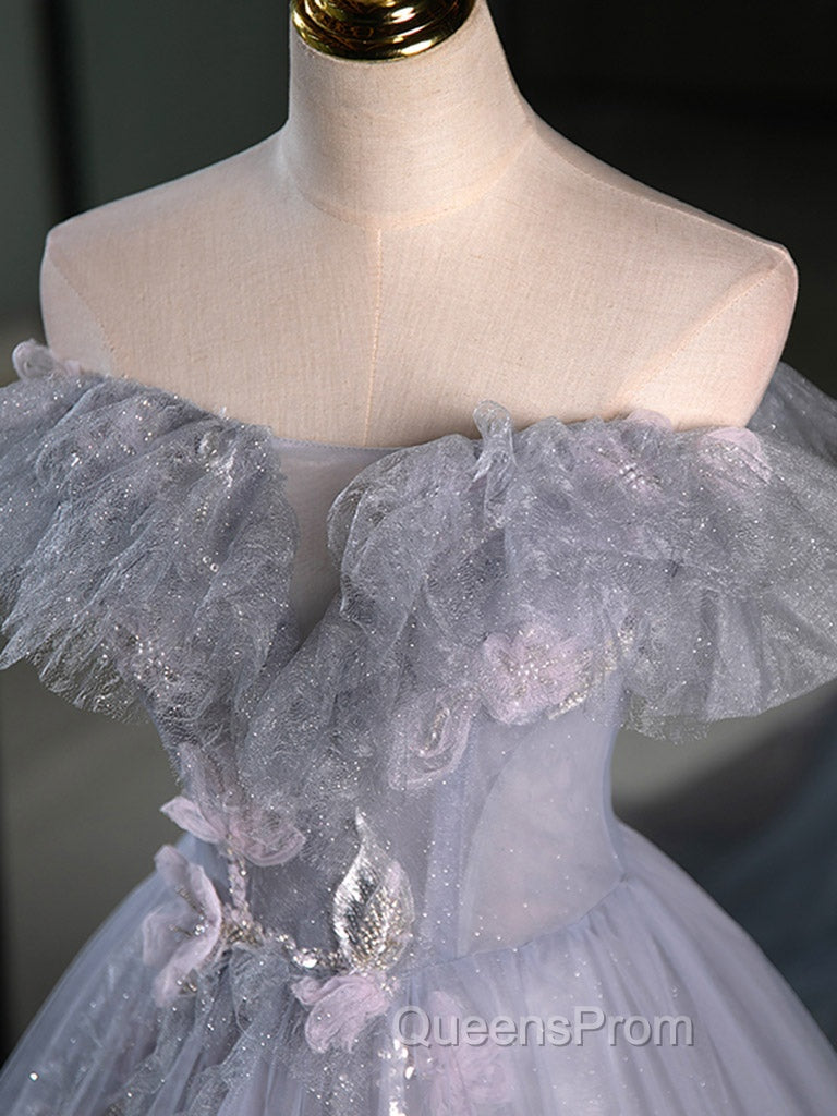 A-Line Off Shoulder Tulle Lace Gray Blue Long Evening Prom Dress, Gray Blue Long Evening Dress