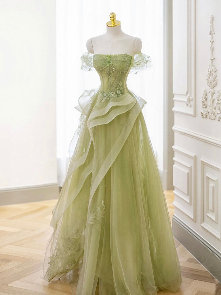 A-Line Off Shoulder Tulle Lace Green Long Classy Prom Dress, Green Lace Long Classy Dress