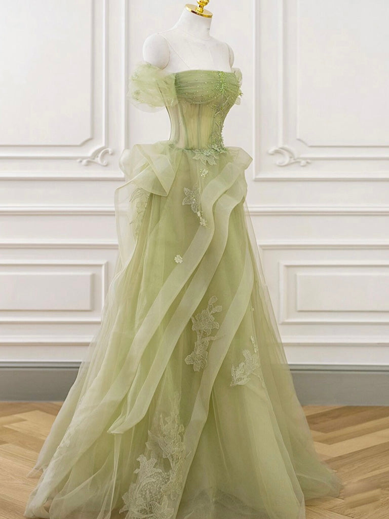 A-Line Off Shoulder Tulle Lace Green Long Classy Prom Dress, Green Lace Long Classy Dress