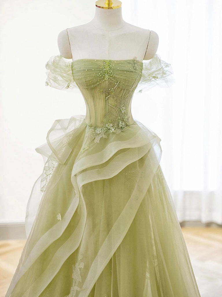 A-Line Off Shoulder Tulle Lace Green Long Classy Prom Dress, Green Lace Long Classy Dress