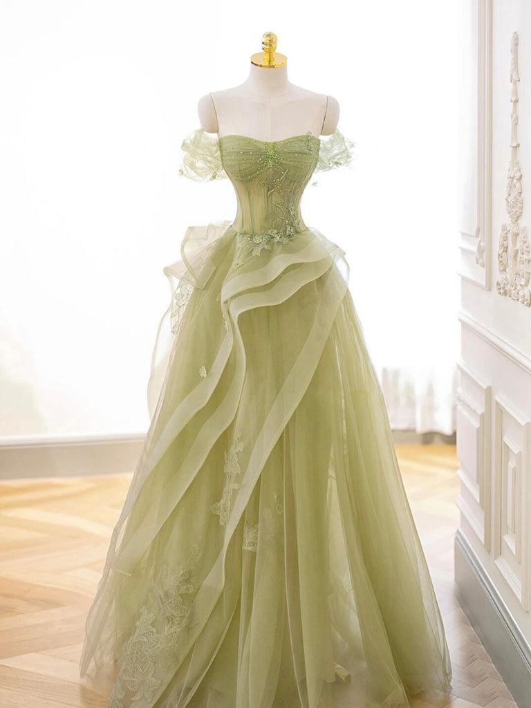 A-Line Off Shoulder Tulle Lace Green Long Classy Prom Dress, Green Lace Long Classy Dress Main image