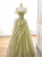 A-Line Off Shoulder Tulle Lace Green Long Classy Prom Dress, Green Lace Long Classy Dress