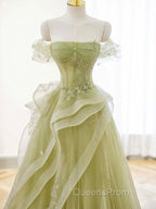 A-Line Off Shoulder Tulle Lace Green Long Evening Prom Dress, Green Long Graduation Dress