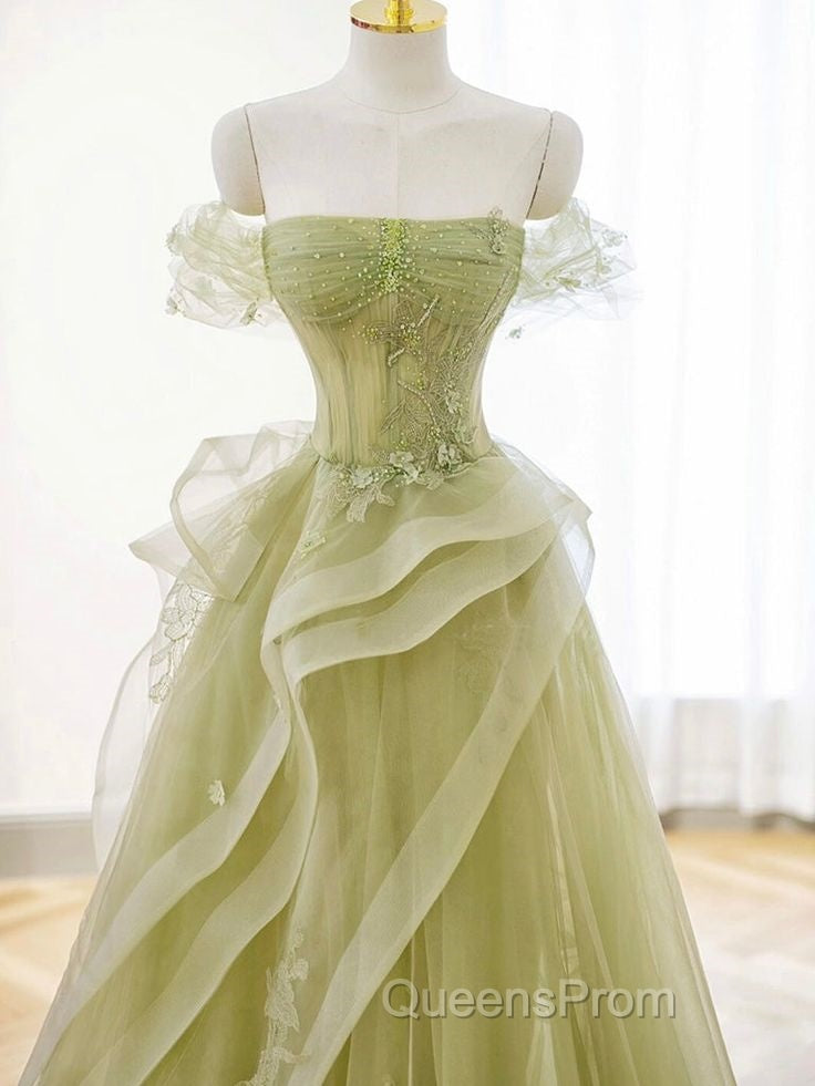 A-Line Off Shoulder Tulle Lace Green Long Evening Prom Dress, Green Long Graduation Dress