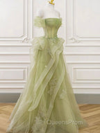 A-Line Off Shoulder Tulle Lace Green Long Evening Prom Dress, Green Long Graduation Dress