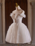 A-Line Off Shoulder Tulle Lace Light Champagne Short Evening Prom Dress