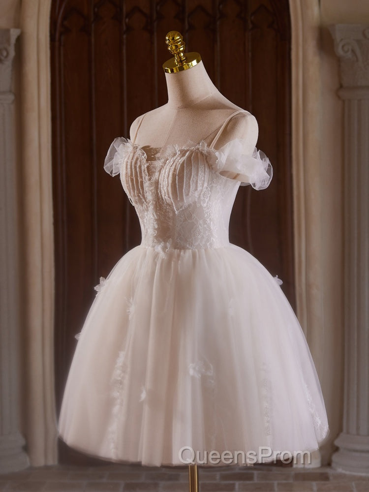 A-Line Off Shoulder Tulle Lace Light Champagne Short Evening Prom Dress