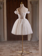 A-Line Off Shoulder Tulle Lace Light Champagne Short Evening Prom Dress