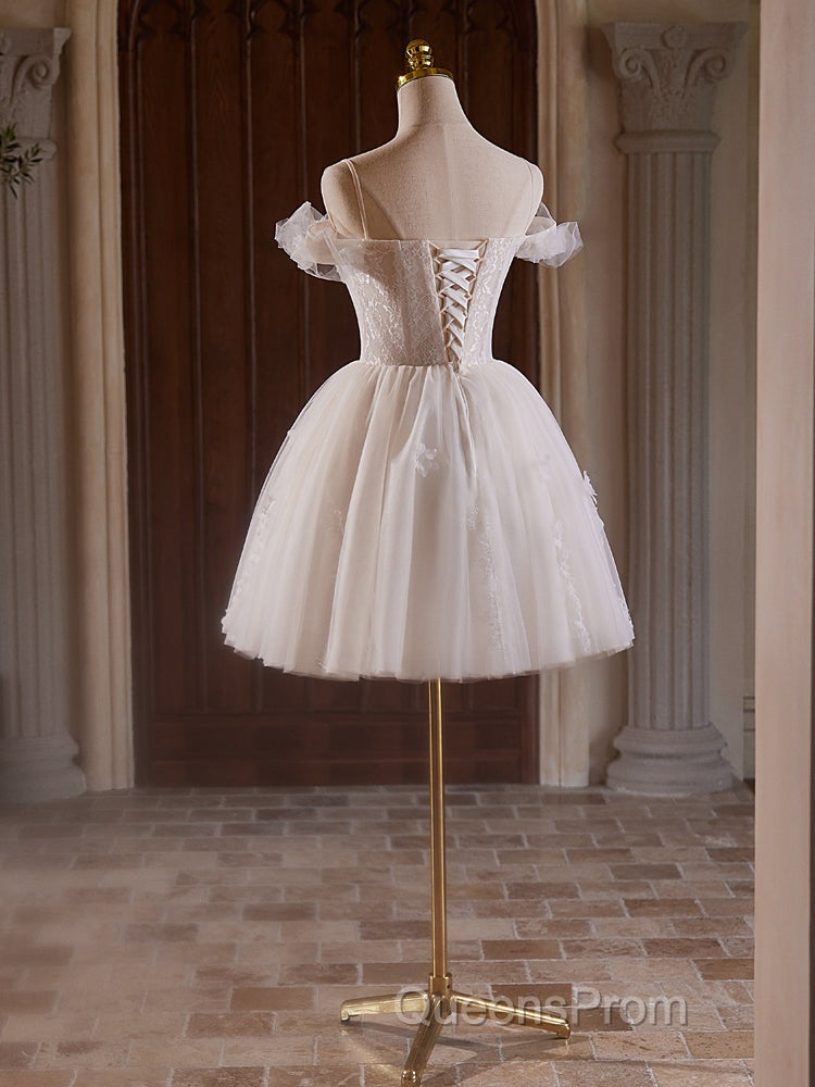 A-Line Off Shoulder Tulle Lace Light Champagne Short Evening Prom Dress