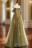 A-Line Off Shoulder Tulle Lace Long Evening Prom Dress, Green Tulle Evening Dress