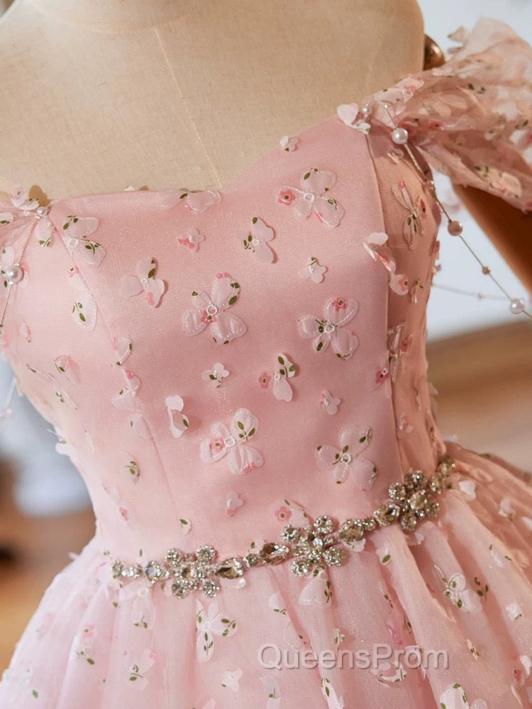 A-Line Off Shoulder Tulle Lace Pink Short Evening Prom Dress, Pink Homecoming Dress