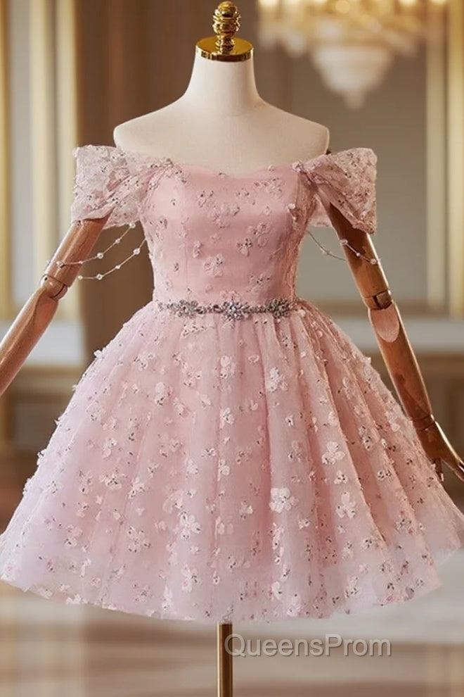 A-Line Off Shoulder Tulle Lace Pink Short Evening Prom Dress, Pink Homecoming Dress Main image