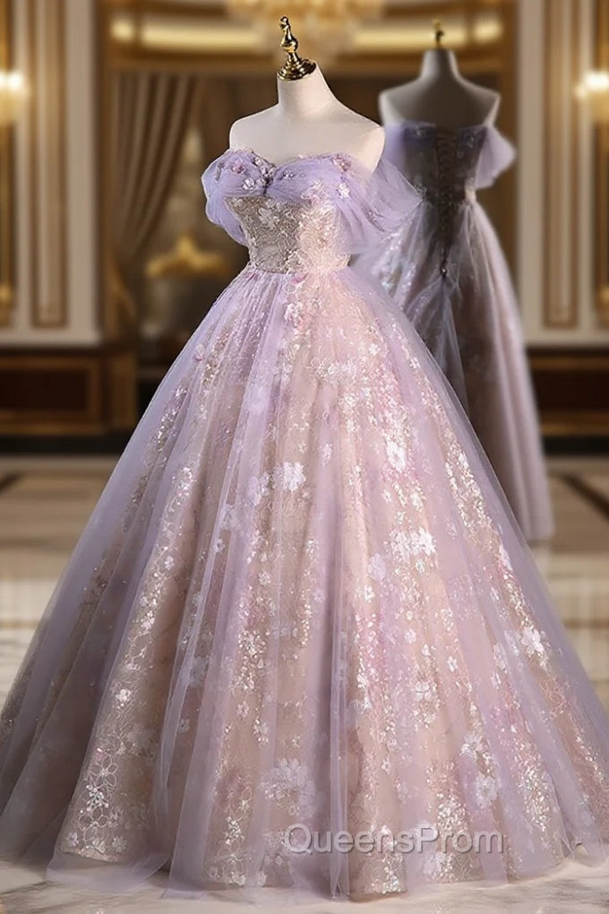 A-Line Off Shoulder Tulle Lace Purple Long Evening Prom Dress, Purple Evening Dress Main image