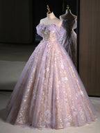 A-Line Off Shoulder Tulle Lace Purple Long Classy Prom Dress, Purple Classy Dress