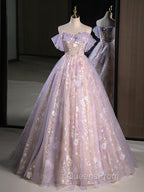 A-Line Off Shoulder Tulle Lace Purple Long Evening Prom Dress, Purple Evening Dress